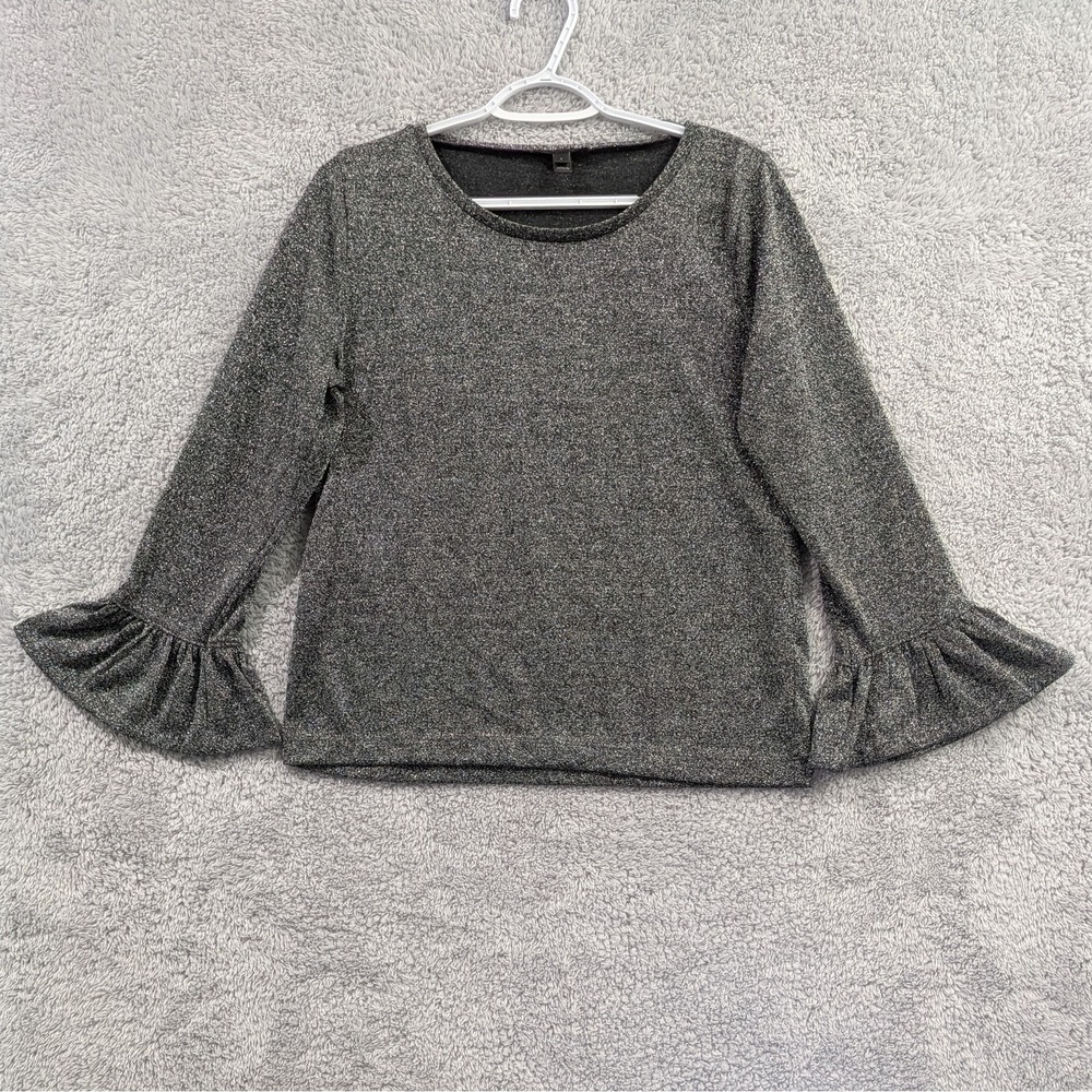J.Crew Blouse Women's Large Black Silver Metallic Ruffle Sleeve Semi Sheer Top